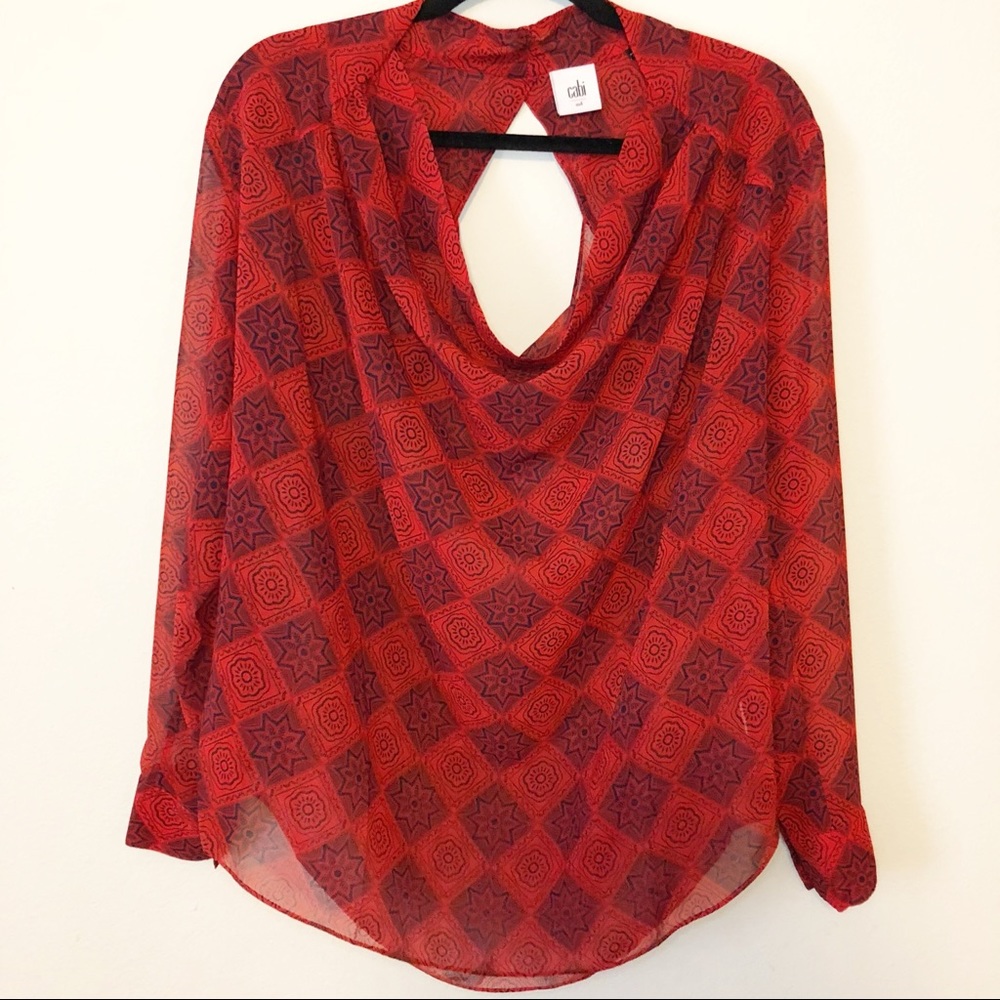 CAbi diamond blouse red shear draped neck top